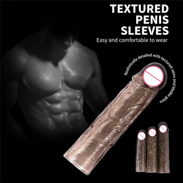 Textured Penis Extension Condoms Cear Black Silicon 3 in 1 - Image 2
