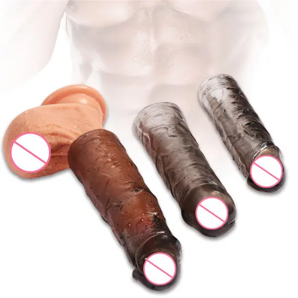 Textured Penis Extension Condoms Cear Black Silicon 3 in 1