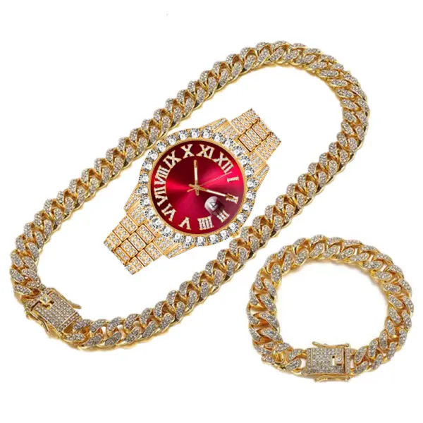 3PCSSET GOLD PLATED ZIRCON DIAMOND CHAIN, WATCH & BRACELET