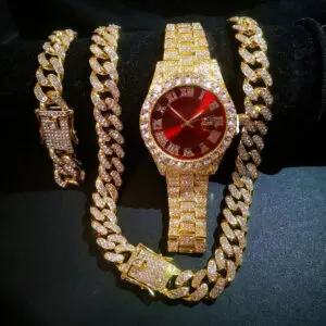 3PCSSET GOLD PLATED ZIRCON DIAMOND CHAIN, WATCH & BRACELET