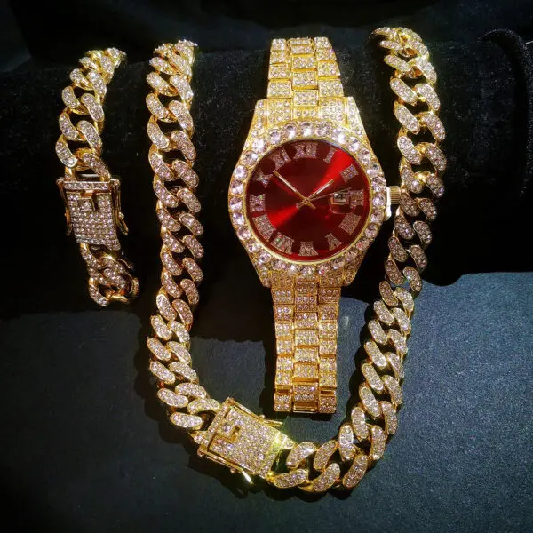 3PCSSET GOLD PLATED ZIRCON DIAMOND CHAIN, WATCH & BRACELET