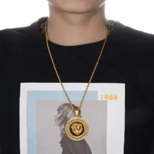 Gold Plated Lion Head With Chain Link Necklace - Image 2