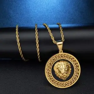 Gold Plated Lion Head With Chain Link Necklace